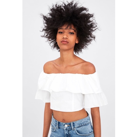 Zara Tops - Zara Poplin Off the Shoulder Crop Top in White